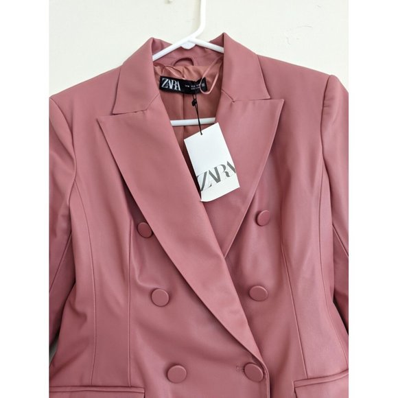 ZARA NEW WOMAN FAUX LEATHER DOUBLE-BREASTED BLAZER JACKET PINK MARSALA M,L - Picture 9 of 9